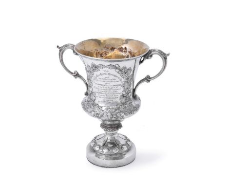 [Duke of Buckingham and Chandos interest] A Victorian silver twin handled trophy cup by William Hunter, London 1864, with lea