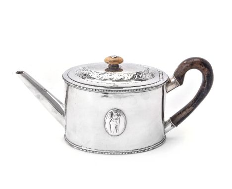 A George III silver straight-sided oval tea pot by Andrew Fogelberg &amp; Stephen Gilbert, London 1784 (incuse duty mark), wi