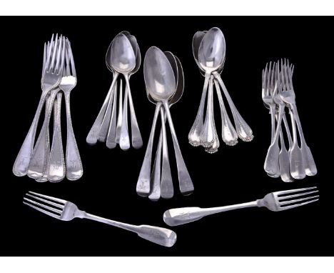 A collection of silver flatware, various makers and dates, all initialled, comprising: two fiddle pattern table forks and six