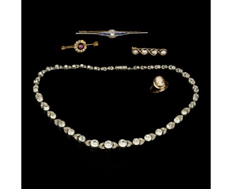 A 1930s sapphire and diamond bar brooch, the brooch with square cut channel set sapphires and two semi circles of rose cut di