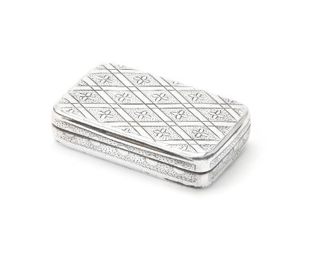 A George III silver rectangular snuff box by Matthew Linwood, Birmingham 1808, engraved with leaves and trellis to the cover 