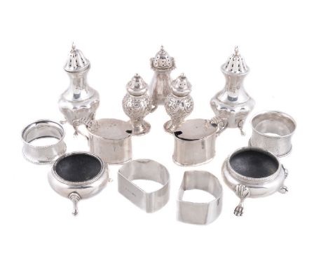 A collection of small silver for the table, mainly cruet items, mainly early to mid 20th century, comprising: two mustards; t