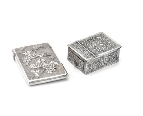 A Chinese export silver rectangular card case by Wang Hing, circa 1900, embossed with chrysanthemums and a butterfly, bamboo 
