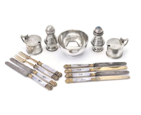 ϒA collection of small silver, comprising: a hemispherical sugar bowl by S. J. Phillips Ltd, London 1979; two drum mustards b