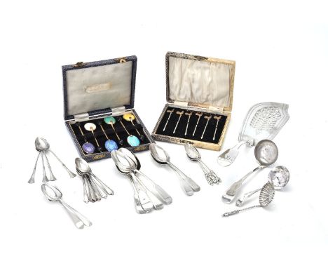 A collection of silver and silver coloured flatware, including: a late George III fiddle pattern fish slice by John Hawkins, 