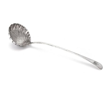 An early George III silver old English feather edge soup ladle probably by Thomas Ellis, London 1769, with a shell bowl and e
