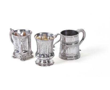 Three silver christening mugs, comprising: one early Victorian and panelled by John Angell II &amp; George Angell, London 184