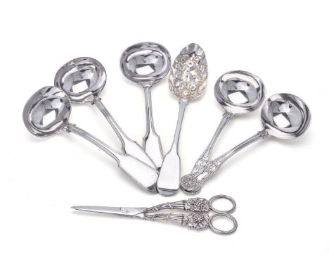 A late George III silver grape scissors and other flatware, the scissors bound reed and fruiting vine pattern by William Eley