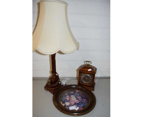 Mixed Lot: Small walnut cased mantel clock with later battery movement, table lamp and a small floral decorated wall charger