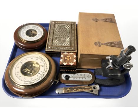 Two circular barometers, Indian bone inlaid trinket box, microscope, etc.