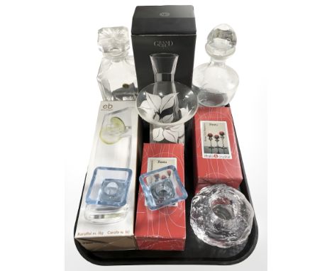 A group of continental glass items to include boxed Iittala crystal candle holders, textured glass tealight holder, Grand Cru