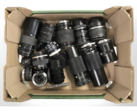 Assorted camera lenses including Tamron, Bell & Howell, Elicar, etc. (1 box)