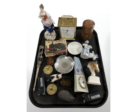 A tray of various collectibles including Royal Worcester bust of a horse, Airfix locomotive, brass cased timepiece, paperweig