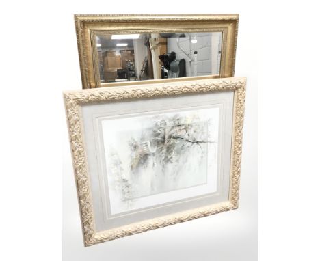 A reproduction oak overmantel mirror and a gilt framed print CONDITION REPORT: mirror 103 cm x 74 cm