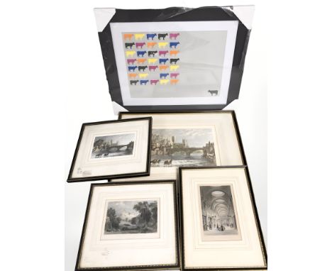 Four 19th century engravings depicting Durham, Newcastle and Walkworth Castle, Northumberland, and a further contemporary pri