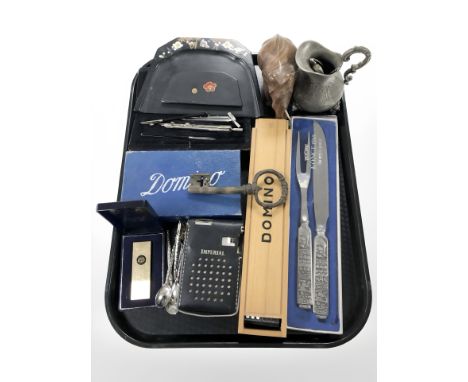 A group of items including cutlery, dominoes, precision drawing set, carved elephant, lighter, etc.