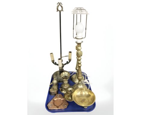 A pair of brass candlesticks converted to table lamps, pricket candlestick, Arts and Crafts copper ashtray and other metal wa