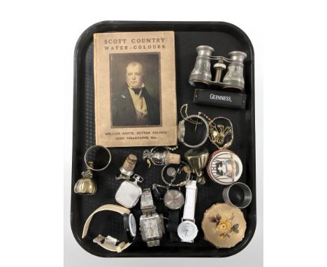 Assorted modern wristwatches, harmonica, napkin rings, compact, costume jewellery, pair of opera glasses and a volume 'Scott 