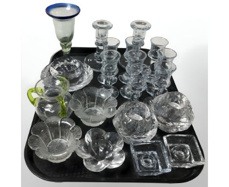 A group of Holmegaard and other glass candle holders, drinking glasses, etc.