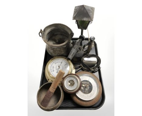 Three barometers, table lighter, vintage blow lamp, copper plated swing handled pot, etc. 