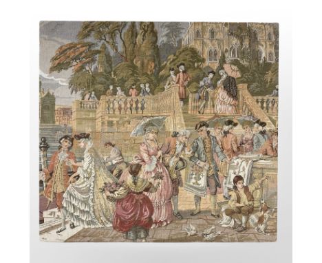 A needlework tapestry depicting figures in traditional dress by steps, 67 cm x 62 cm.