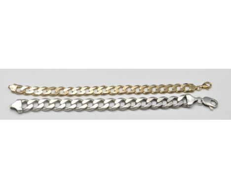 A stamped 925 silver men's flat curb link chain bracelet with lobster clasp, together with another gilt plated example. Both 