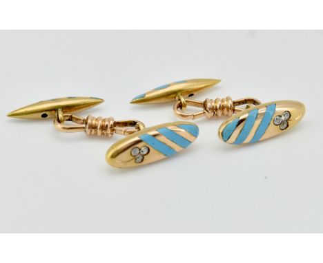 A pair of 18ct gold, enamel and diamond cufflinks. The cuff links set with 6 old cut diamonds in clover setting having turquo