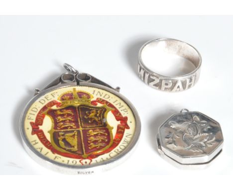 A believed Victorian silver 925 Mizpah band ring together with an enamelled crown coin for 1917 set into silver mount for a c