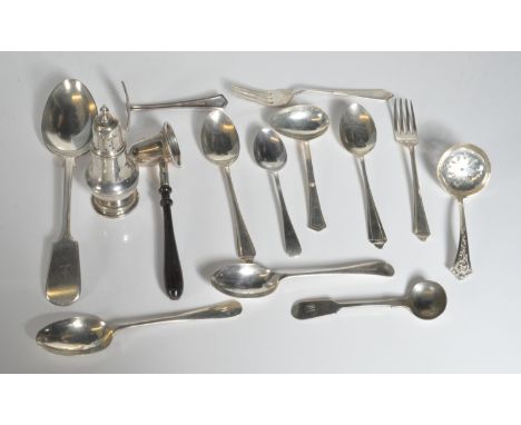 A collection of hallmarked sterling silver items comprising of a pepper shaker, spoons, candle snuffer, forks and more. Gross