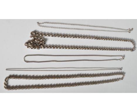 A collection of 5 silver necklace chains. To include&nbsp; snake linked fine chain, ball linked chain. rope twist chain and 2