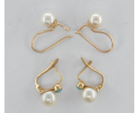 Two pairs of gold and pearl set earrings to include to include a pair of lever back earrings set with a white pearl and turqu