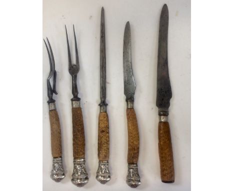 A 19th century Victorian horn-handled five piece carving set having silver hallmarked handles with bone handles with steel bl