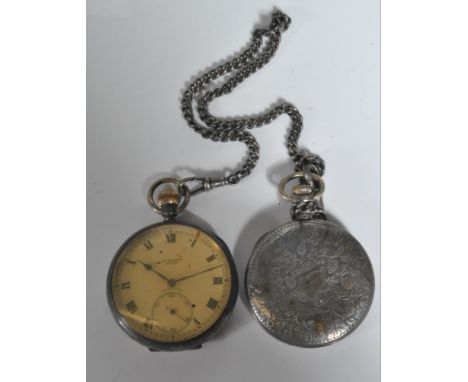 Two early worth century full hunter silver pocket watches and a Albert chain. A&nbsp;J. W. Benson with white dial Roman numer