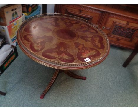 Edwardian Lacquered Circular wine table with brass galleried top supported on tripod base, 61cm in Diameter