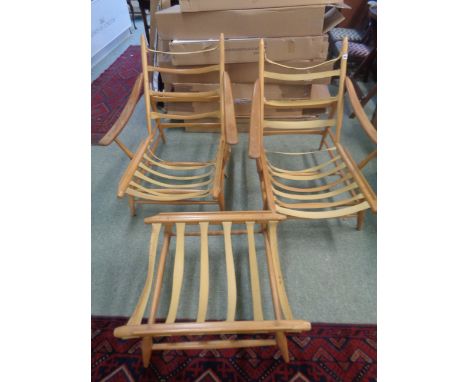 Pr. Of Ercol Blonde Elm Elbow chairs with matching footstool