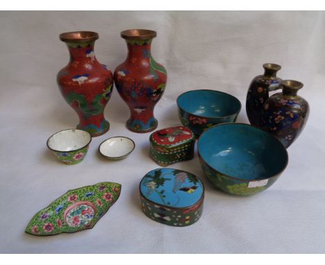 Collection of 19thC and later Chinese Cloisonné including 2 pairs of vases, Butterfly decorated bijoux lidded pot and assorte