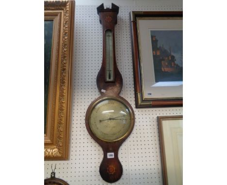 Early 19thC Mahogany cased Barometer by Wilson of Huntingdon with inlaid shell decoration, Condition - Finial missing and adj