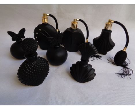 Seven Black Basalt glass Scent bottles and atomisers of Art Deco Style unmarked