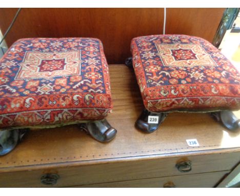 Pr. Of Georgian carpet upholstered gout stools on curved scroll Mahogany feet, Condition - Some light wear