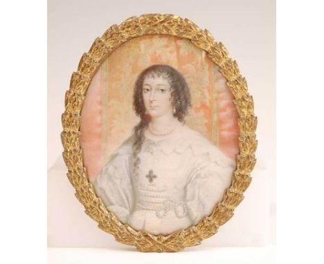 After Anthony van Dyke - Half-length portrait of Henrietta Maria, miniature watercolour on ivory, 9 x 7cm, housed in a gilt m