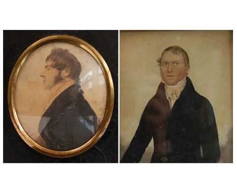 Early 19th century English school - Half-length portrait of a gentleman wearing a black tunic, miniature watercolour on paper