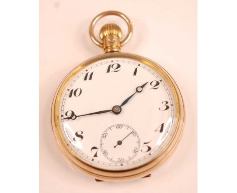 A George V 9ct gold cased gent's open faced pocket watch, having unsigned white enamel dial with subsidiary seconds dial, Ara