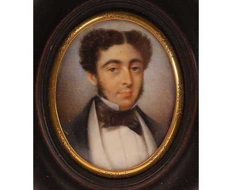 19th century English school - Bust portrait of a gentleman wearing a bow-tie, miniature watercolour on ivory, 52 x 39mm, hous