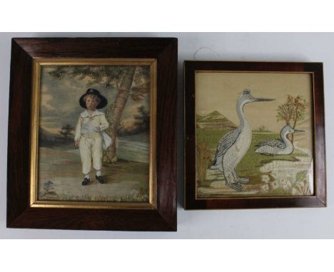 Two 19th century silk embroideries with hand-painted detail, the first being a young boy in a landscape, various stitches, ha