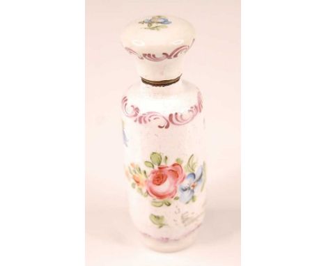 A late 19th century enamel scent bottle,  probably French circa 1880, the white ground polychrome decorated with floral spray
