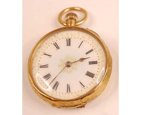 A continental lady's yellow metal cased open faced pocket watch, having a jewelled white enamel dial with Roman numerals, eng