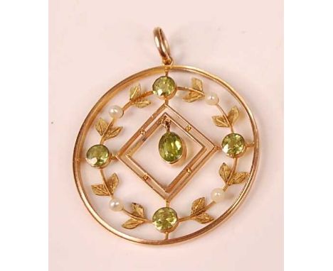 A yellow metal, peridot and seed pearl openwork pendant, featuring a leaf garland of four round faceted peridots interspersed