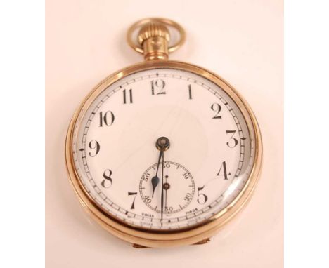 A George V 9ct gold cased gent's open faced pocket watch, having a white enamel dial (hairline), subsidiary seconds dial, Swi