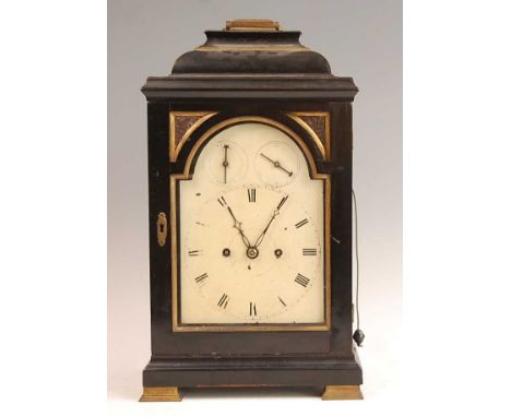 Thomas Hughes of London - a Geo III ebony veneered on oak bracket clock, having an unsigned white enamel dial with subsidiary