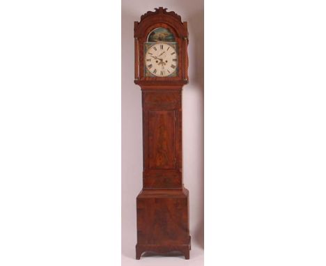 An early 19th century mahogany longcase clock, having an unsigned painted 12" arch dial, with subsidiary seconds dial and rol